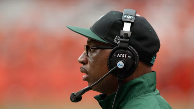 Coach Curtis Johnson on the sideline in the third quarter of a game against the Syracuse Orange at Carrier Dome.